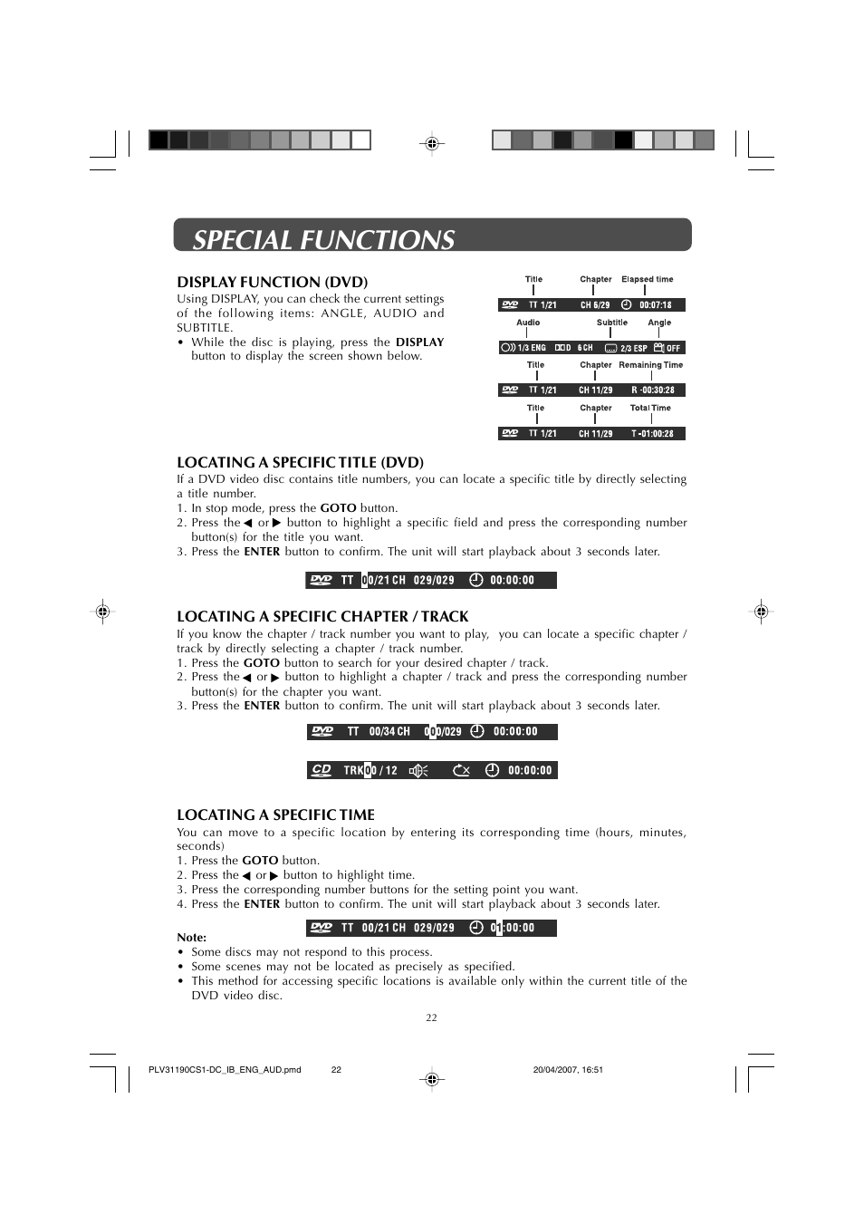 Special functions | Audiovox FPE1907DV User Manual | Page 22 / 36