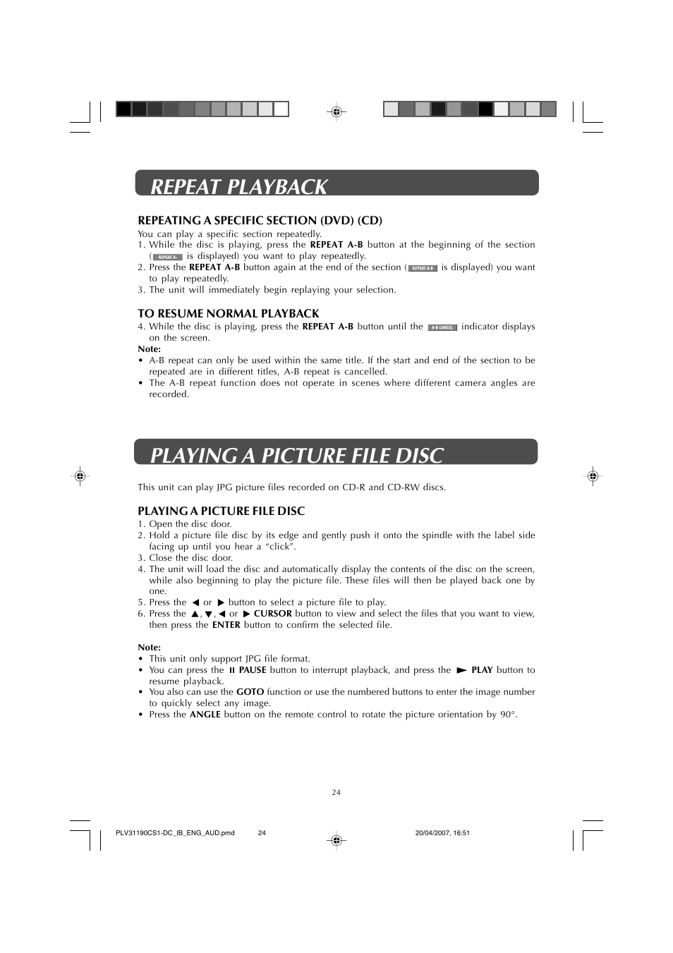 Playing a picture file disc repeat playback | Audiovox FPE1907DV User Manual | Page 24 / 36