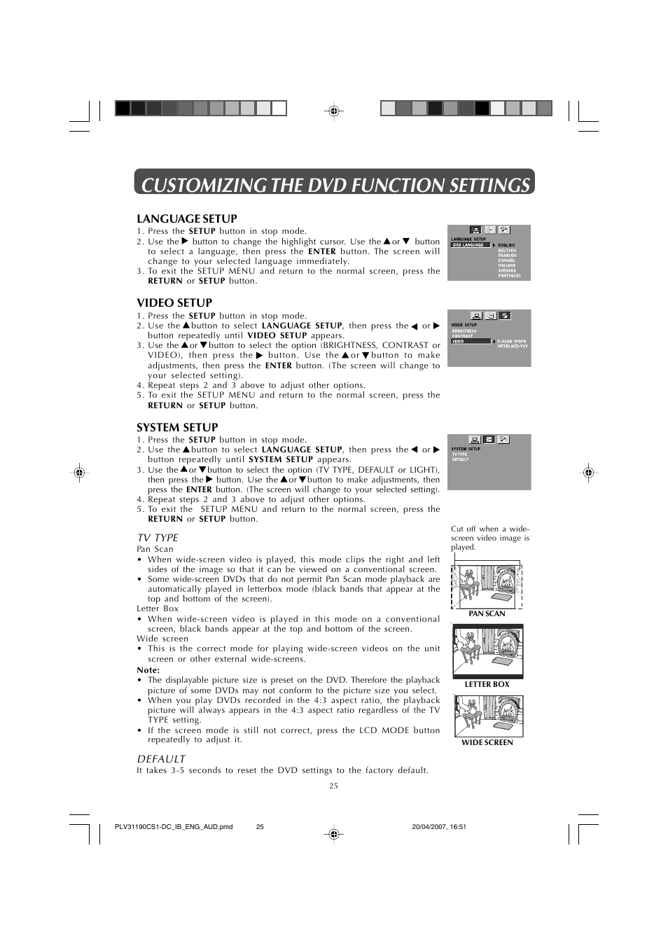 Customizing the dvd function settings, Language setup, Video setup | System setup | Audiovox FPE1907DV User Manual | Page 25 / 36