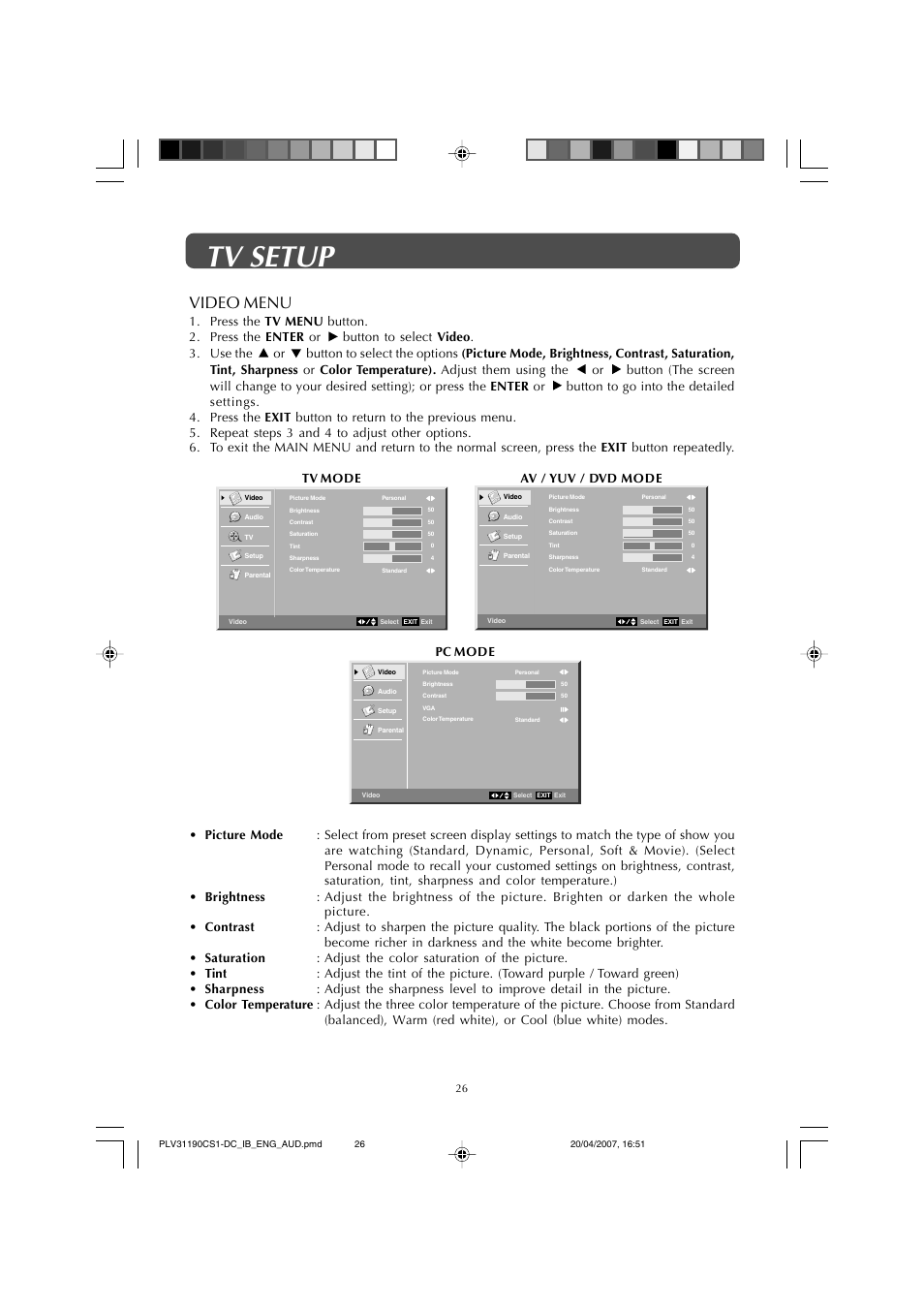 Tv setup, Video menu | Audiovox FPE1907DV User Manual | Page 26 / 36