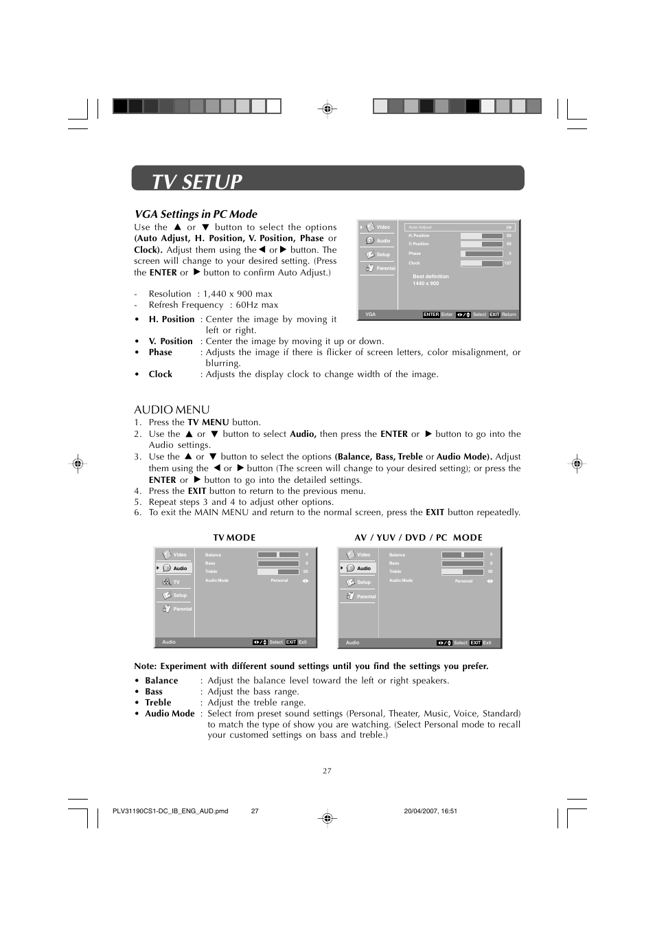 Tv setup, Audio menu, Vga settings in pc mode | Audiovox FPE1907DV User Manual | Page 27 / 36
