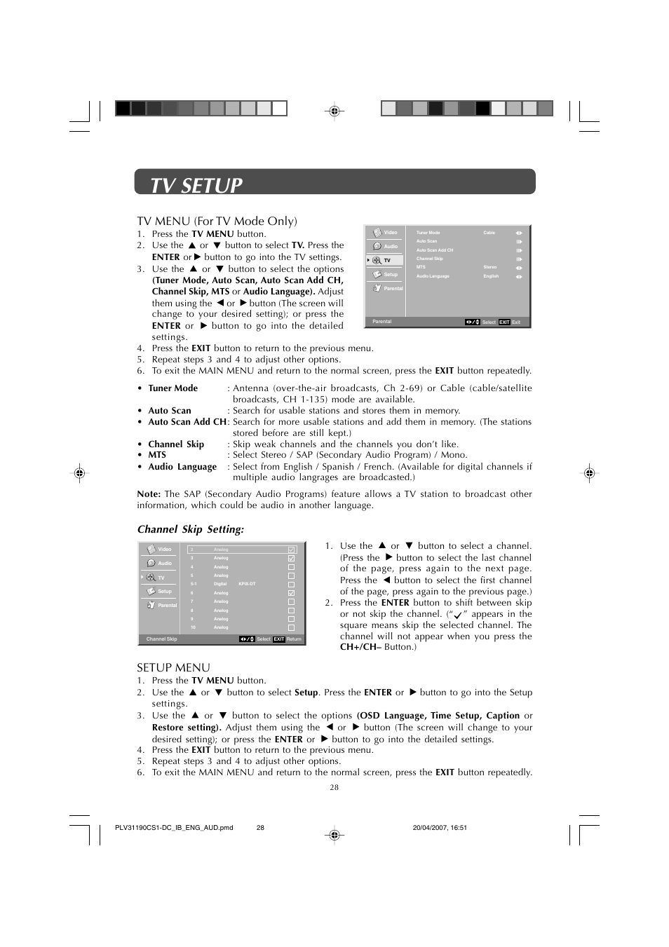 Tv setup, Setup menu, Tv menu (for tv mode only) | Channel skip setting | Audiovox FPE1907DV User Manual | Page 28 / 36