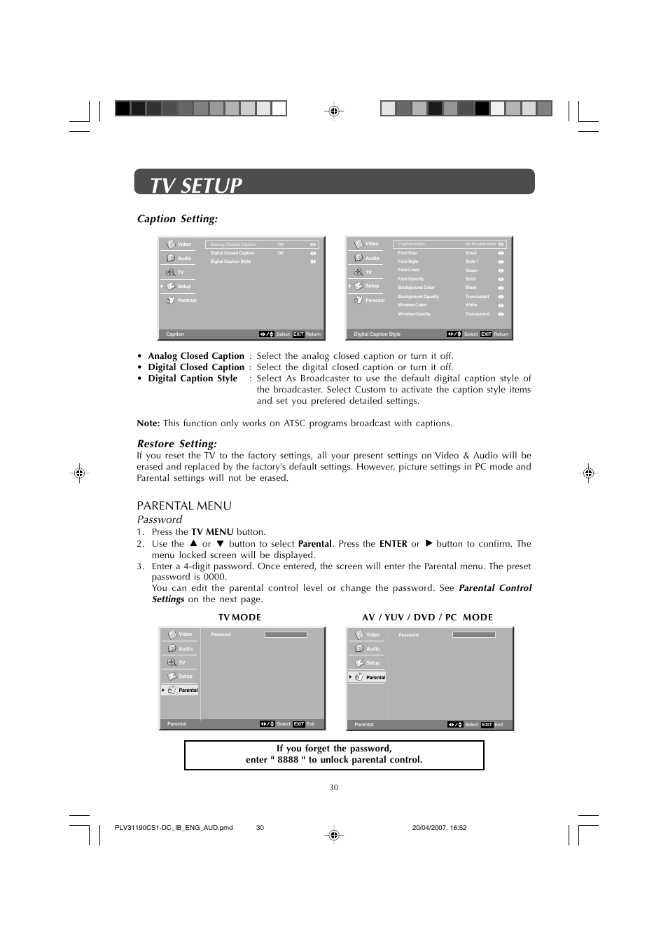 Tv setup, Parental menu, Password | Restore setting, Caption setting | Audiovox FPE1907DV User Manual | Page 30 / 36