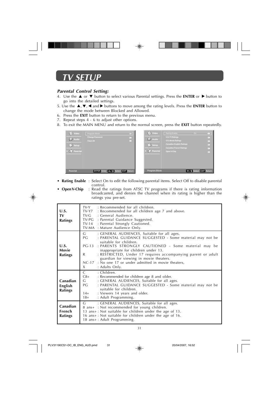 Tv setup, Parental control setting | Audiovox FPE1907DV User Manual | Page 31 / 36