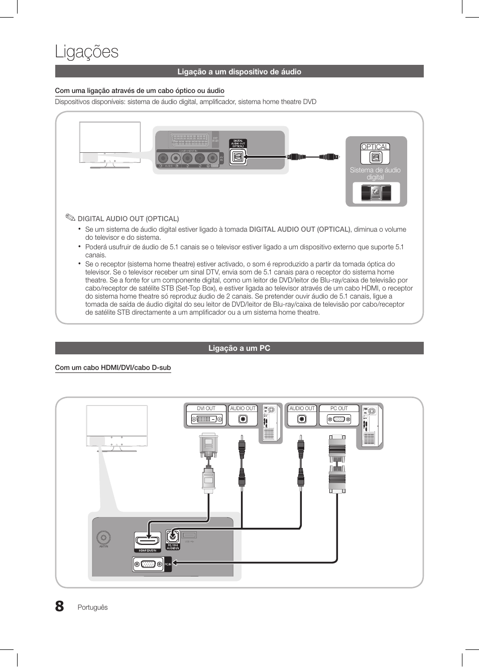 Ligações, Ligação a um dispositivo de áudio, Ligação a um pc | Samsung LE26C350D1W User Manual | Page 108 / 201