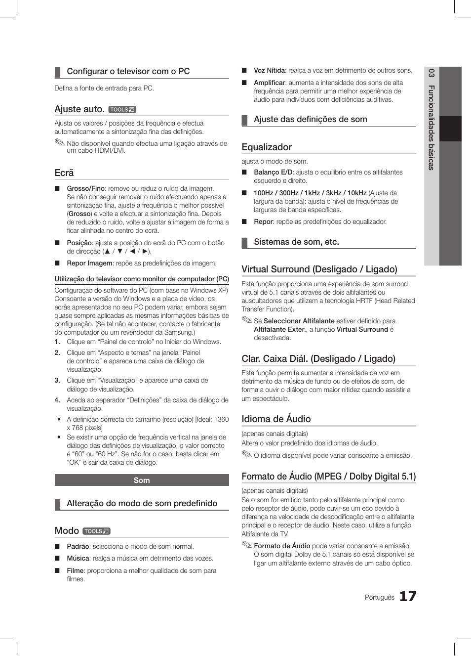 Ajuste auto, Ecrã, Modo | Equalizador, Virtual surround (desligado / ligado), Clar. caixa diál. (desligado / ligado), Idioma de áudio, Formato de áudio (mpeg / dolby digital 5.1) | Samsung LE26C350D1W User Manual | Page 117 / 201