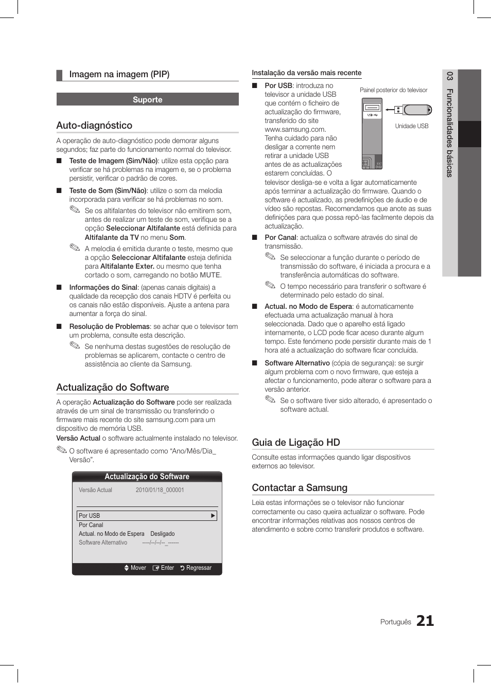 Auto-diagnóstico, Actualização do software, Guia de ligação hd | Contactar a samsung | Samsung LE26C350D1W User Manual | Page 121 / 201