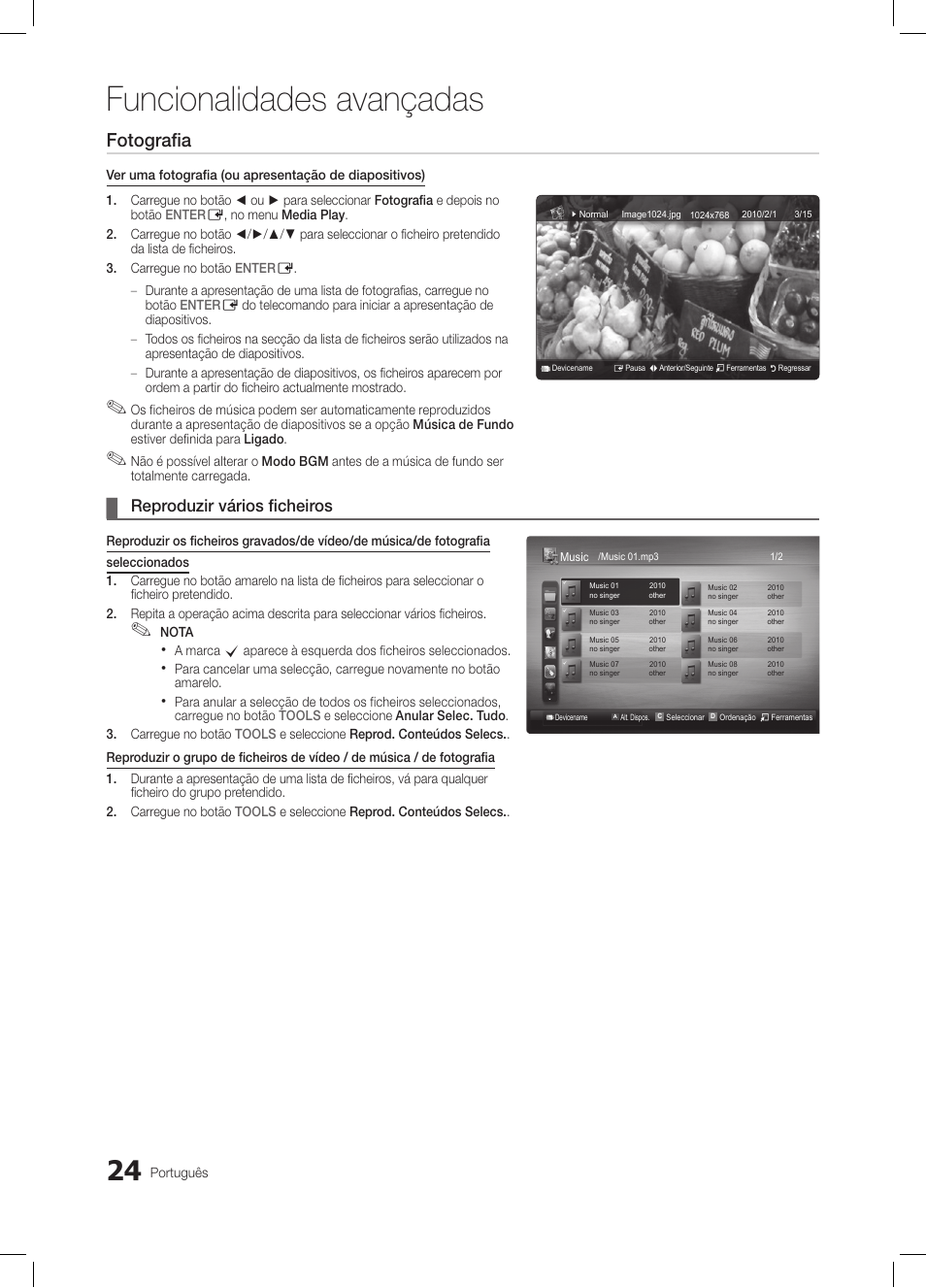 Funcionalidades avançadas, Fotografia, Reproduzir vários ficheiros | Samsung LE26C350D1W User Manual | Page 124 / 201