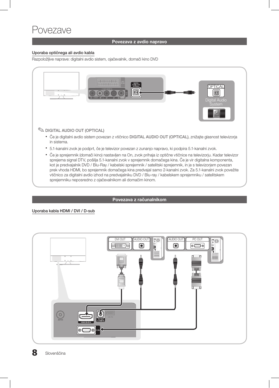Povezave, Povezava z avdio napravo, Povezava z računalnikom | Slovenščina, Če je digitalni avdio sistem povezan z vtičnico, Uporaba kabla hdmi / dvi / d-sub, Optical digital audio system | Samsung LE26C350D1W User Manual | Page 141 / 201
