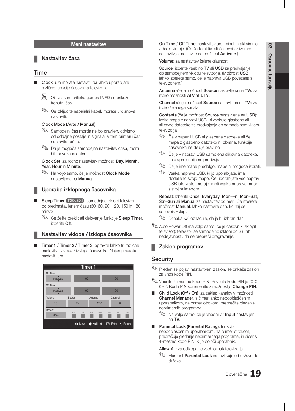 Time, Security | Samsung LE26C350D1W User Manual | Page 152 / 201