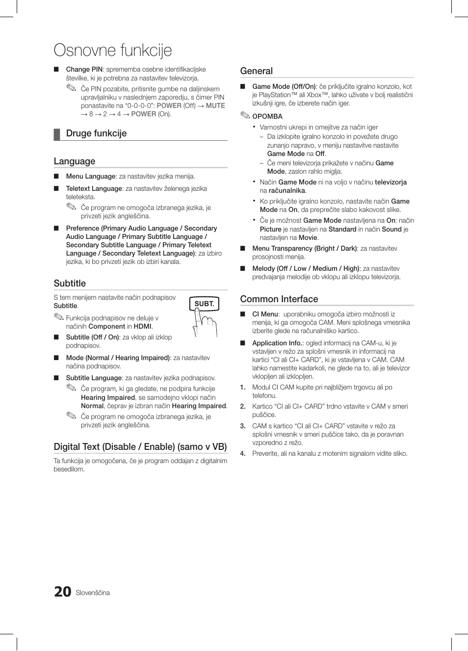 Osnovne funkcije | Samsung LE26C350D1W User Manual | Page 153 / 201