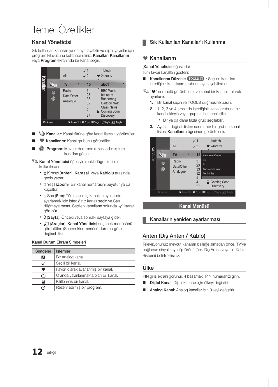 Temel özellikler, Kanal yöneticisi, Kanallarım | Anten (dış anten / kablo), Ülke | Samsung LE26C350D1W User Manual | Page 178 / 201