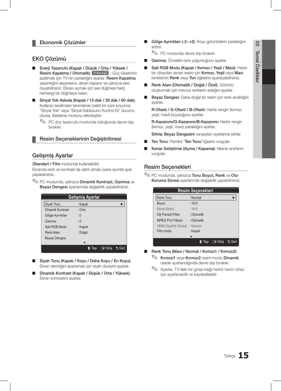 Eko çözümü, Gelişmiş ayarlar, Resim seçenekleri | Samsung LE26C350D1W User Manual | Page 181 / 201