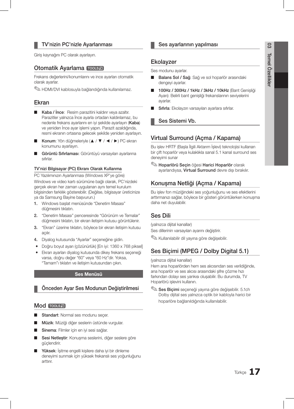 Otomatik ayarlama, Ekran, Ekolayzer | Virtual surround (açma / kapama), Konuşma netliği (açma / kapama), Ses dili, Ses biçimi (mpeg / dolby digital 5.1) | Samsung LE26C350D1W User Manual | Page 183 / 201