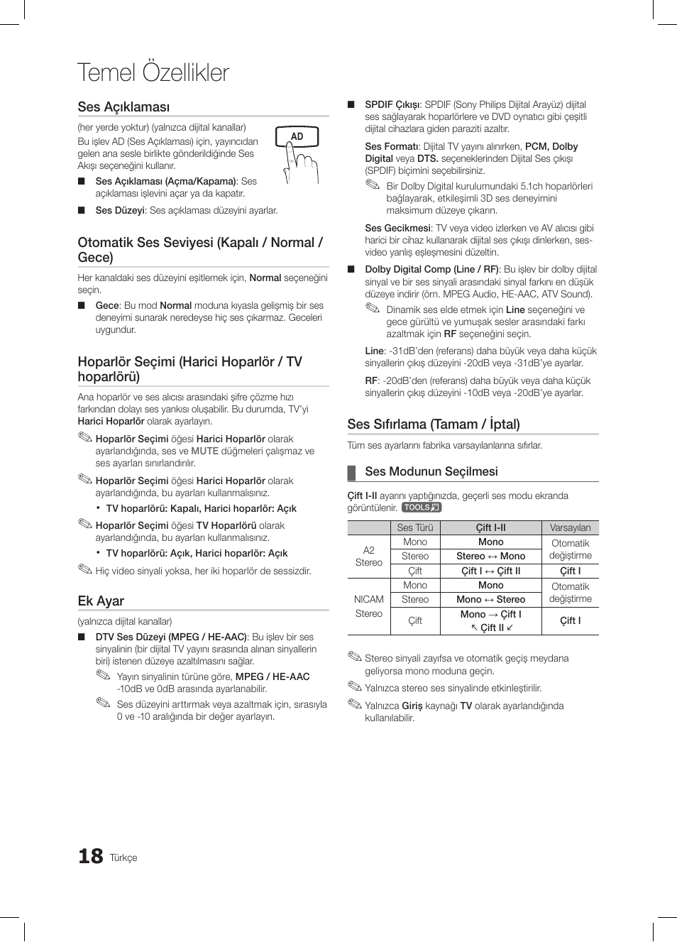 Temel özellikler | Samsung LE26C350D1W User Manual | Page 184 / 201