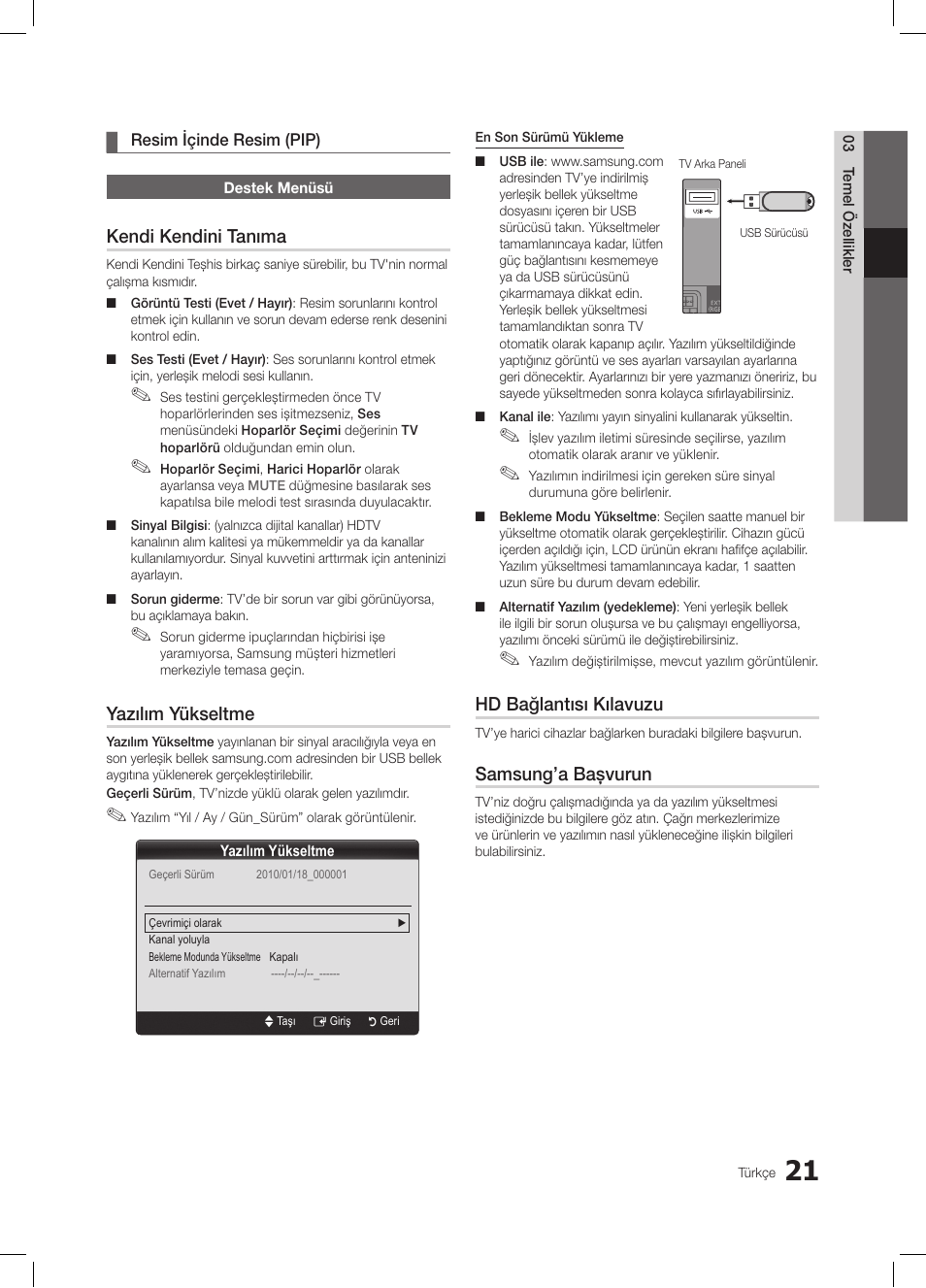 Kendi kendini tanıma, Yazılım yükseltme, Hd bağlantısı kılavuzu | Samsung’a başvurun | Samsung LE26C350D1W User Manual | Page 187 / 201