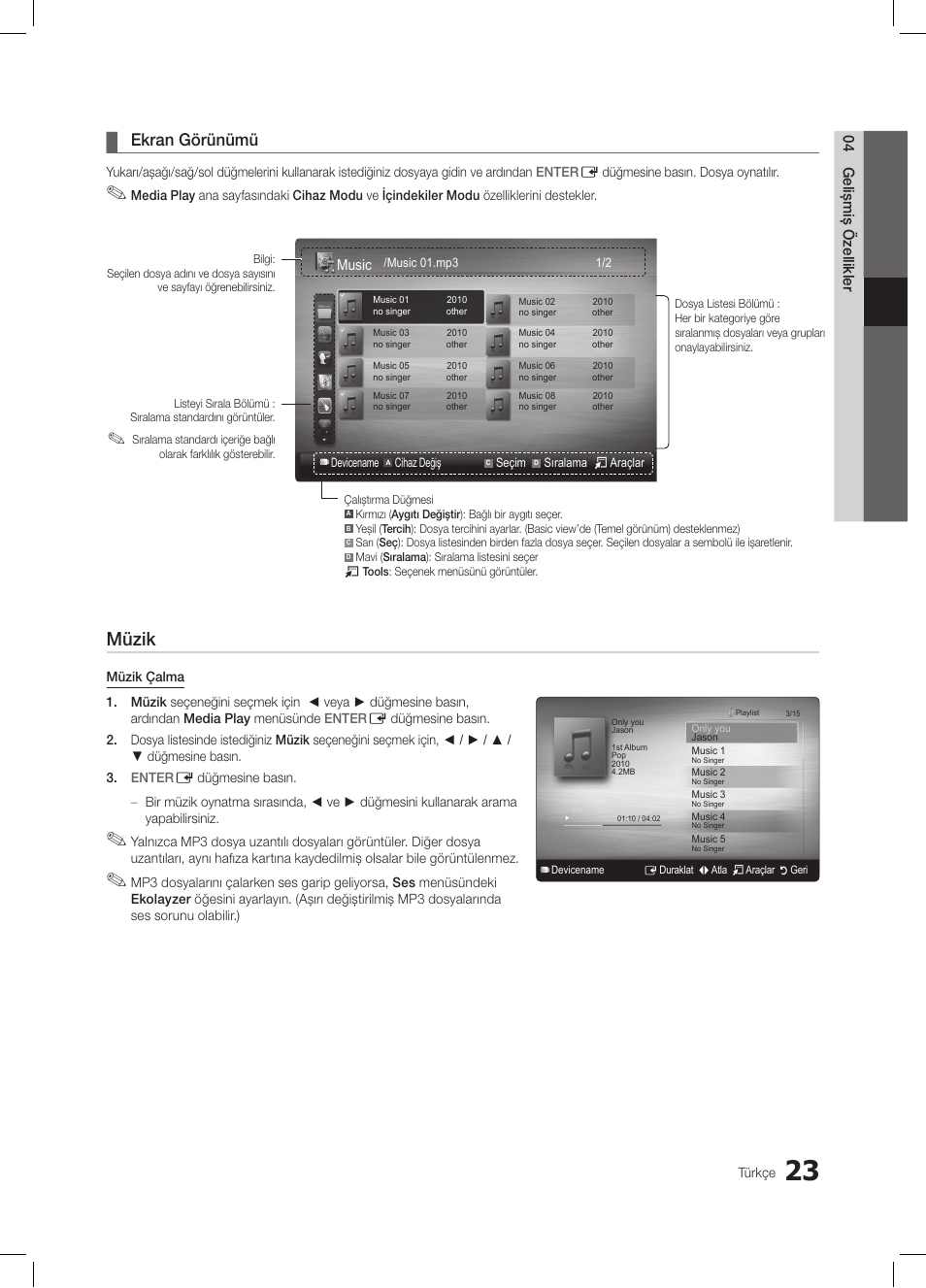 Müzik, Ekran görünümü | Samsung LE26C350D1W User Manual | Page 189 / 201
