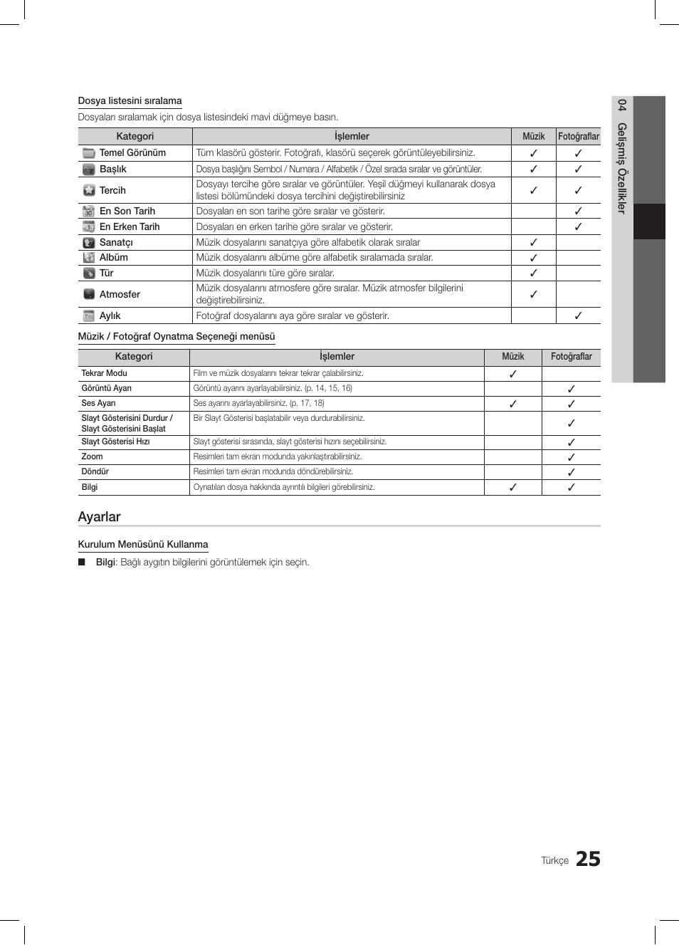 Ayarlar | Samsung LE26C350D1W User Manual | Page 191 / 201