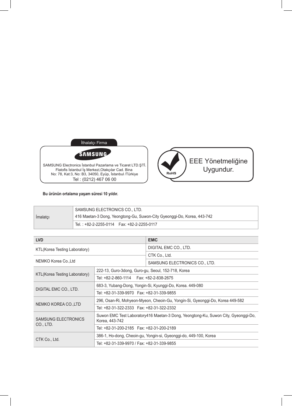 Eee yönetmeliğine uygundur | Samsung LE26C350D1W User Manual | Page 200 / 201