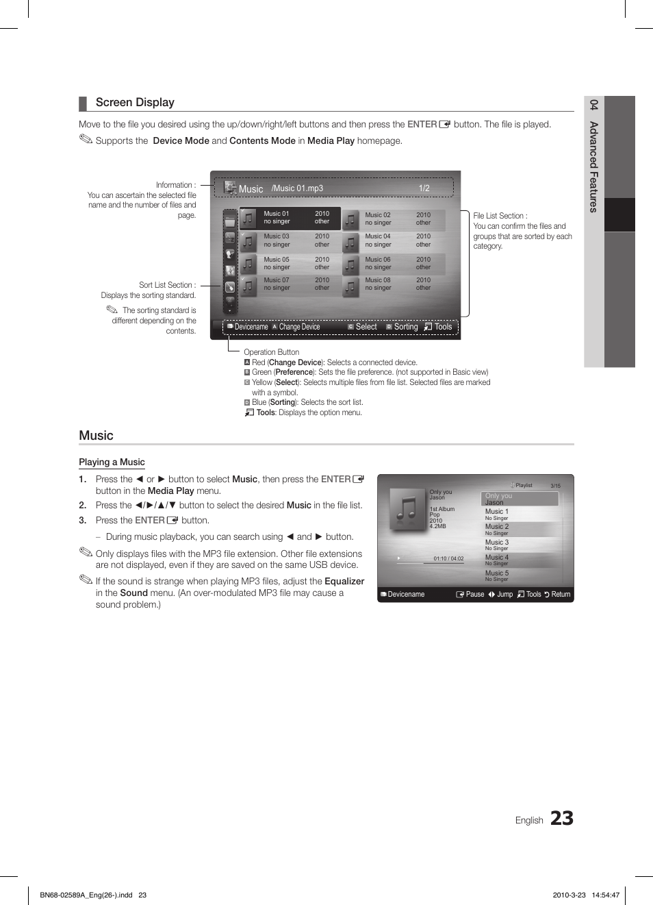 Music, Screen display | Samsung LE26C350D1W User Manual | Page 24 / 201