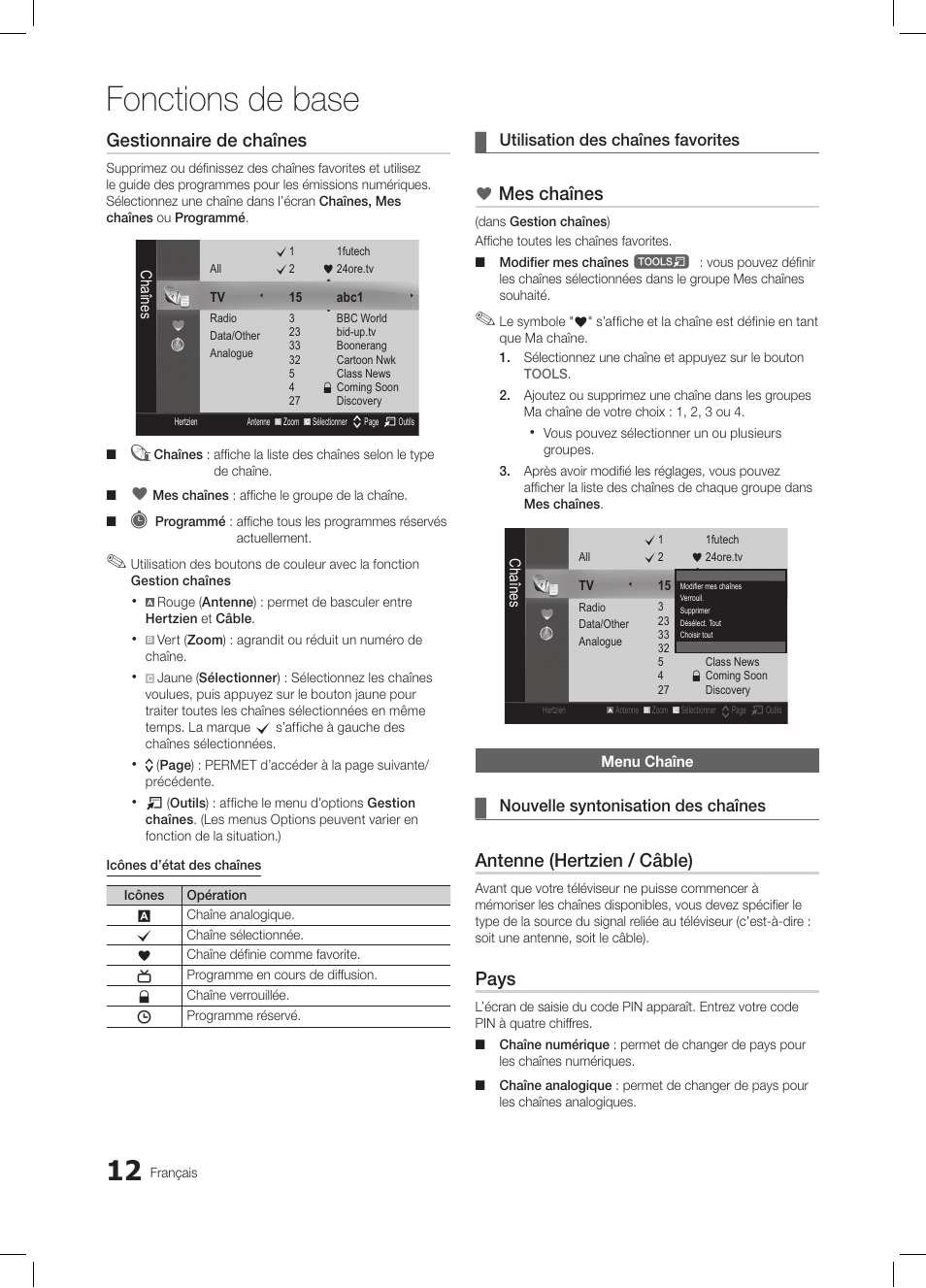 Fonctions de base, Gestionnaire de chaînes, Mes chaînes | Antenne (hertzien / câble), Pays | Samsung LE26C350D1W User Manual | Page 46 / 201