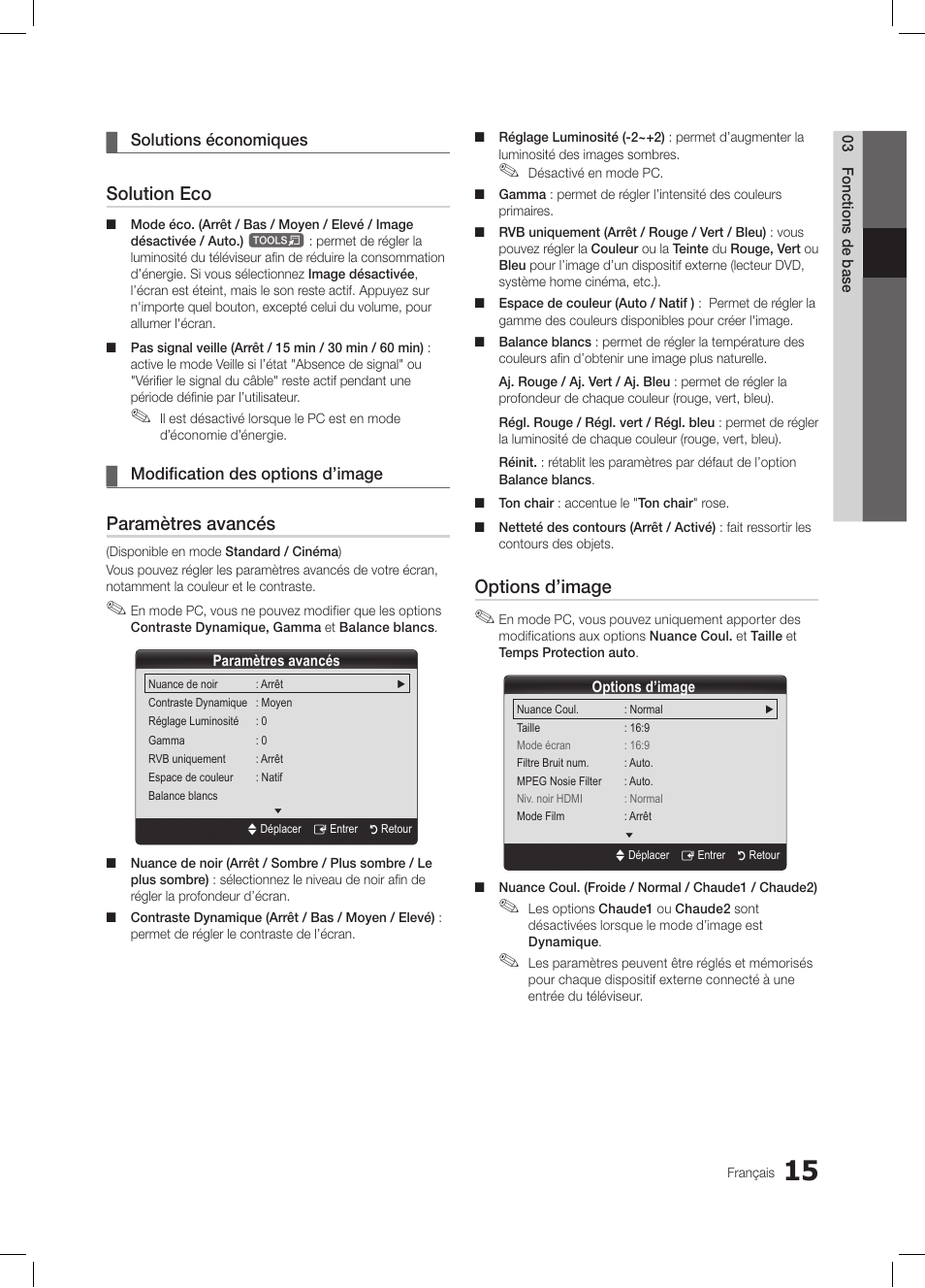 Solution eco, Paramètres avancés, Options d’image | Samsung LE26C350D1W User Manual | Page 49 / 201