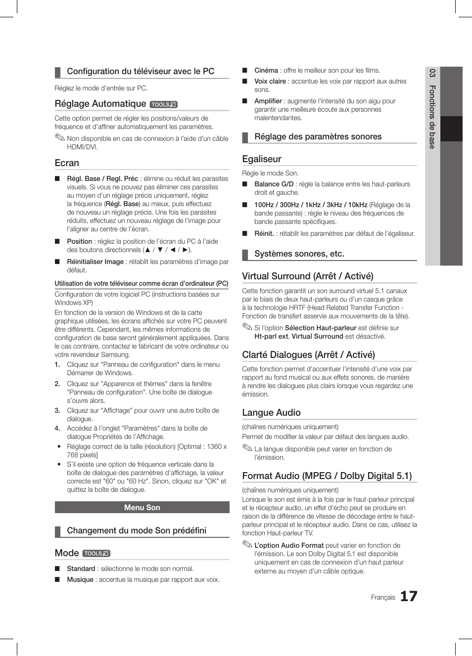 Réglage automatique, Ecran, Mode | Egaliseur, Virtual surround (arrêt / activé), Clarté dialogues (arrêt / activé), Langue audio, Format audio (mpeg / dolby digital 5.1) | Samsung LE26C350D1W User Manual | Page 51 / 201