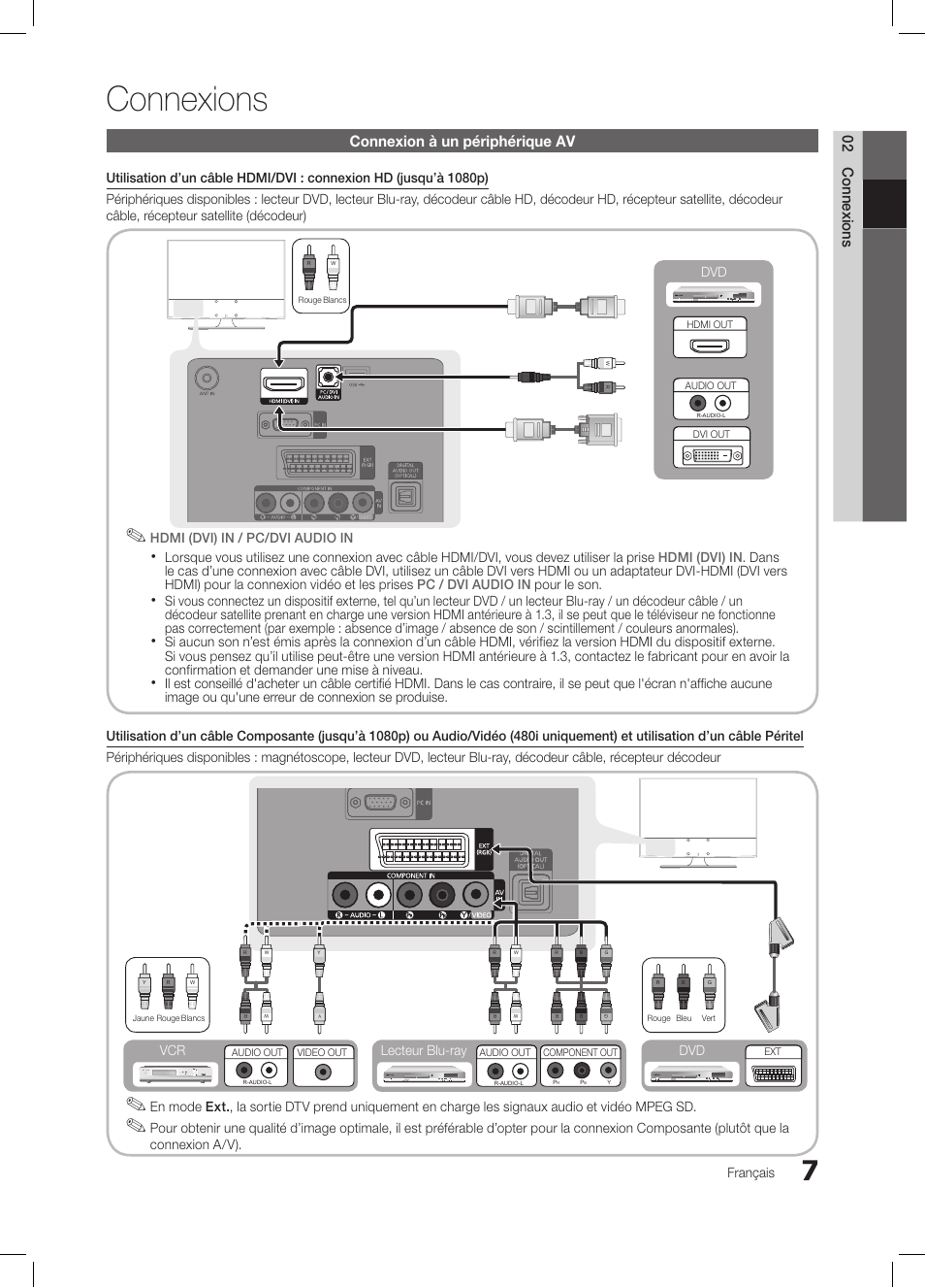 Connexions, 02 connexions, Connexion à un périphérique av | Français, Connexion a/v). dvd, Lecteur blu-ray dvd vcr | Samsung LE26C350D1W User Manual | Page 7 / 201