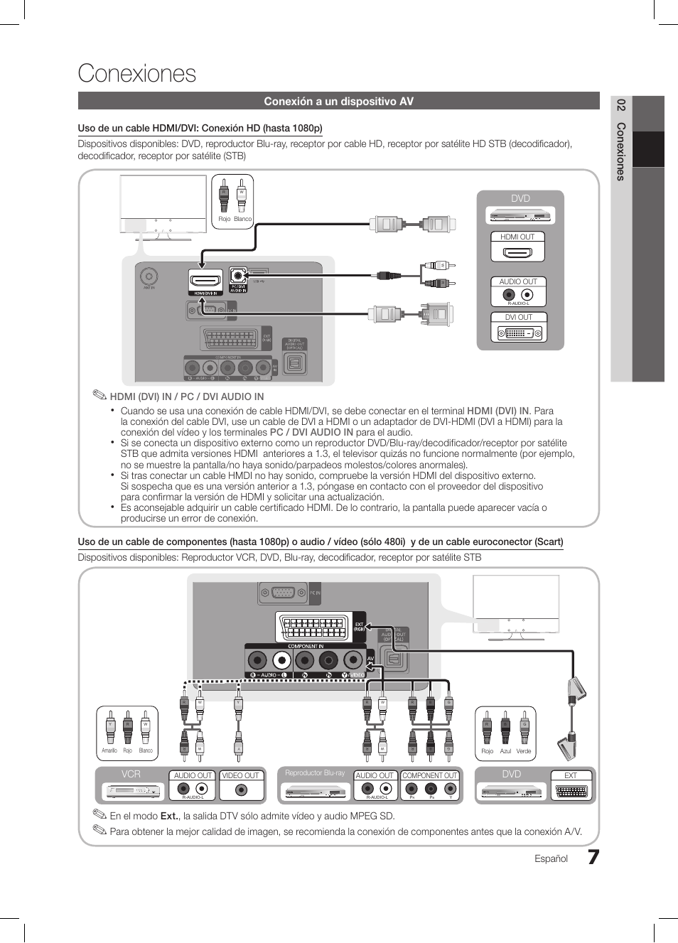 Conexiones, 02 conexiones, Conexión a un dispositivo av | Español, Dvd hdmi (dvi) in / pc / dvi audio in, Dvd vcr | Samsung LE26C350D1W User Manual | Page 74 / 201