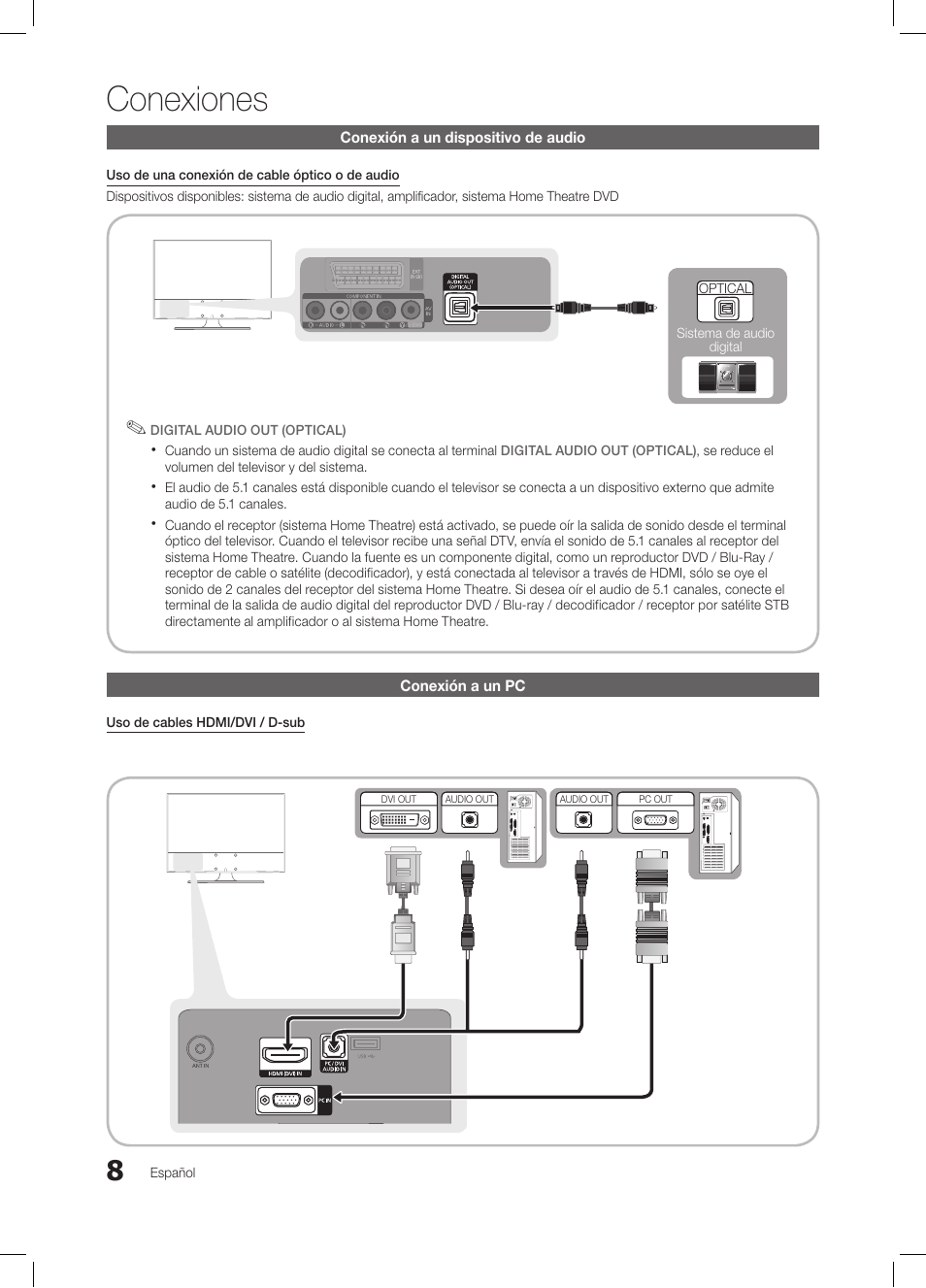 Conexiones, Conexión a un dispositivo de audio, Conexión a un pc | Español, Uso de cables hdmi/dvi / d-sub | Samsung LE26C350D1W User Manual | Page 75 / 201