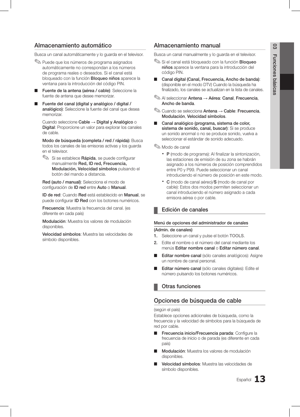 Almacenamiento automático, Almacenamiento manual, Opciones de búsqueda de cable | Samsung LE26C350D1W User Manual | Page 80 / 201