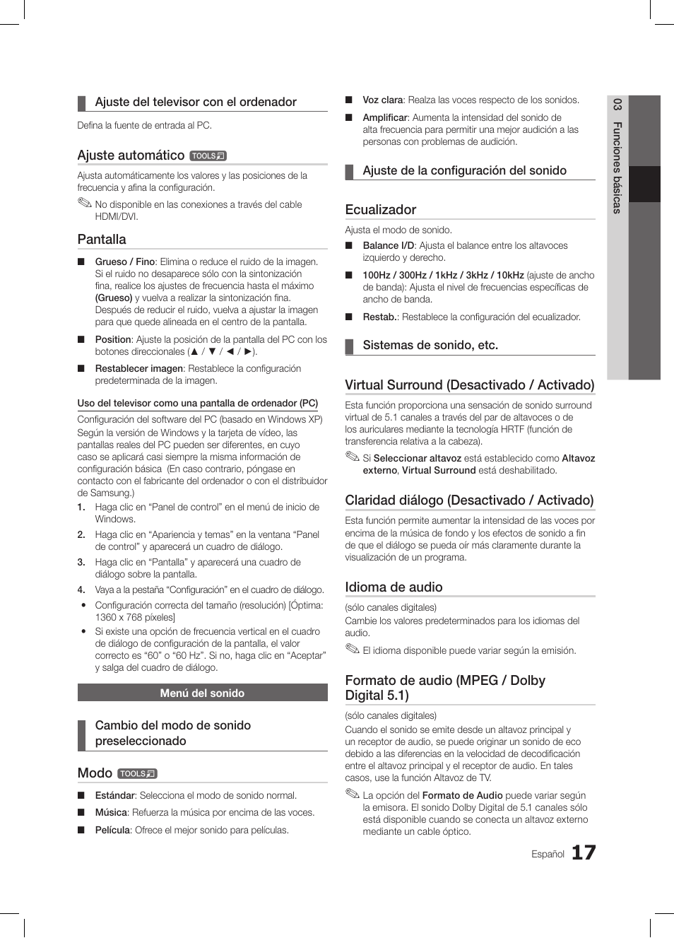 Ajuste automático, Pantalla, Modo | Ecualizador, Virtual surround (desactivado / activado), Claridad diálogo (desactivado / activado), Idioma de audio, Formato de audio (mpeg / dolby digital 5.1) | Samsung LE26C350D1W User Manual | Page 84 / 201