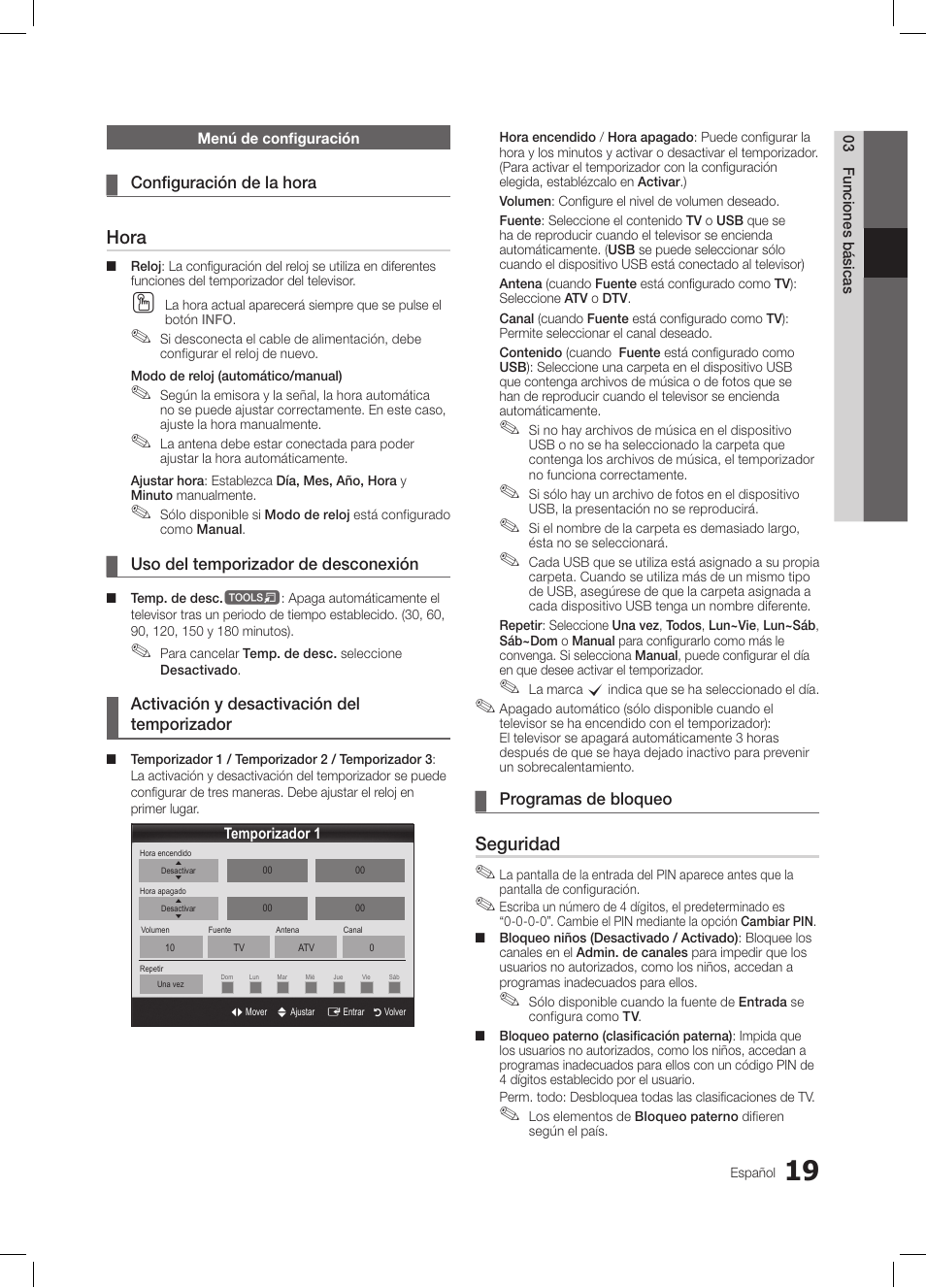 Hora, Seguridad | Samsung LE26C350D1W User Manual | Page 86 / 201