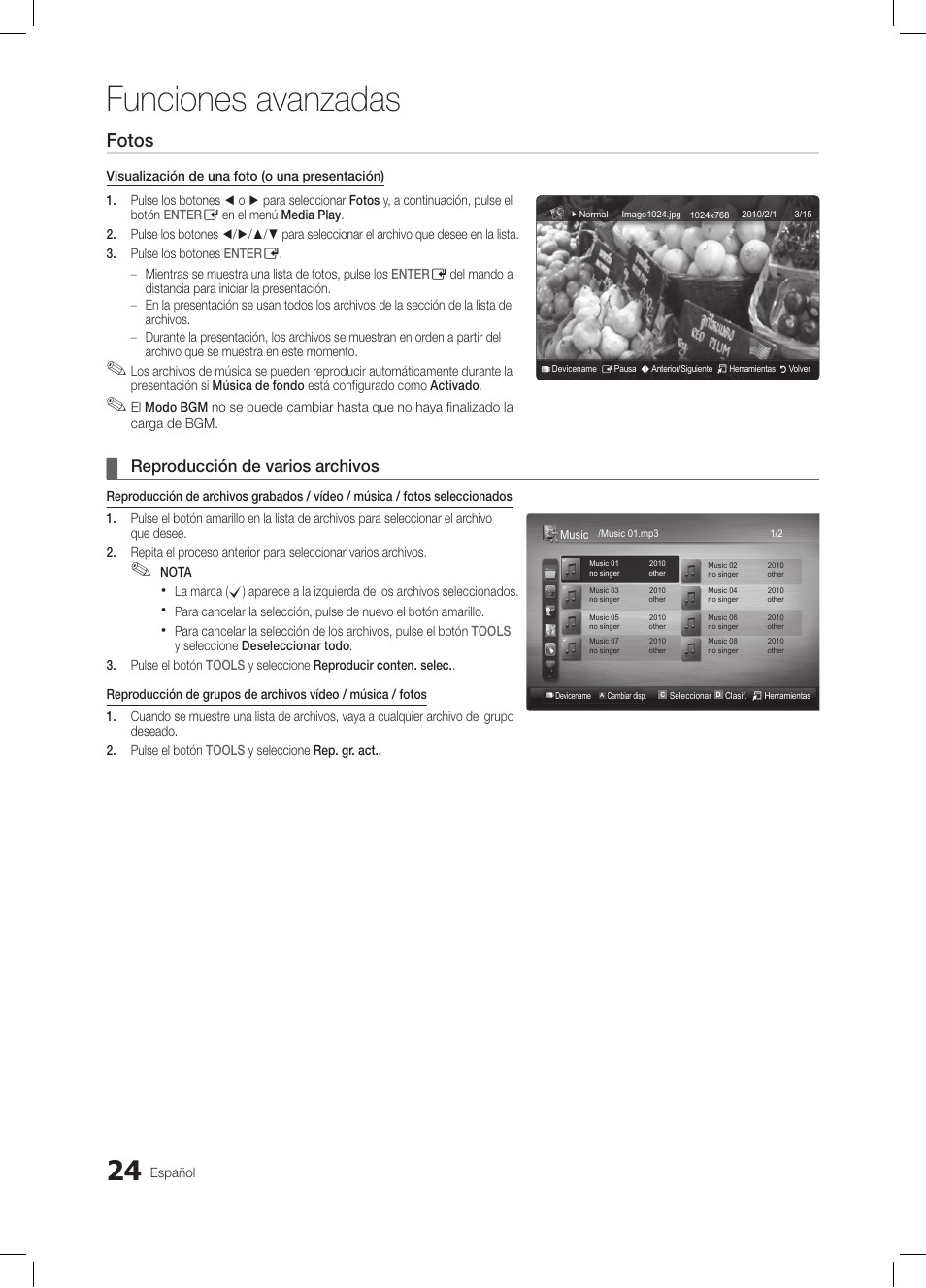 Funciones avanzadas, Fotos, Reproducción de varios archivos | Samsung LE26C350D1W User Manual | Page 91 / 201
