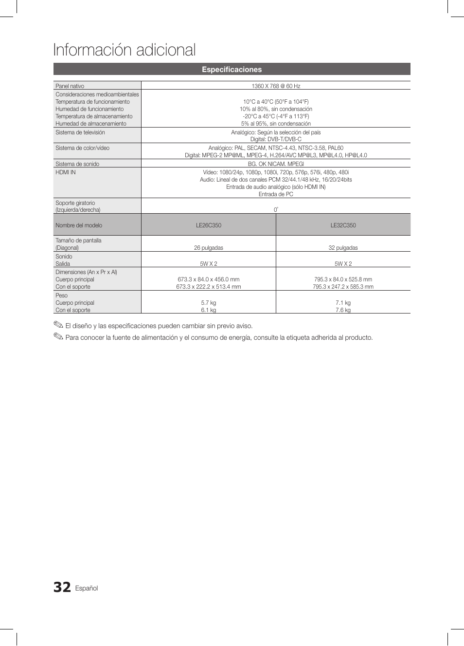 Información adicional | Samsung LE26C350D1W User Manual | Page 99 / 201