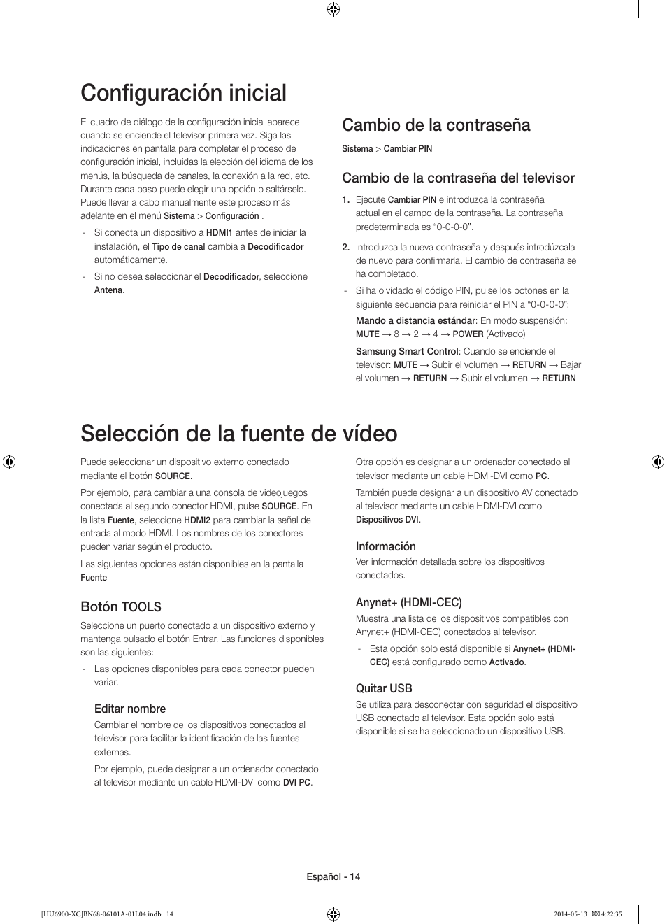 Configuración inicial, Selección de la fuente de vídeo, Cambio de la contraseña | Cambio de la contraseña del televisor, Botón, Tools | Samsung UE55HU6900S User Manual | Page 62 / 97