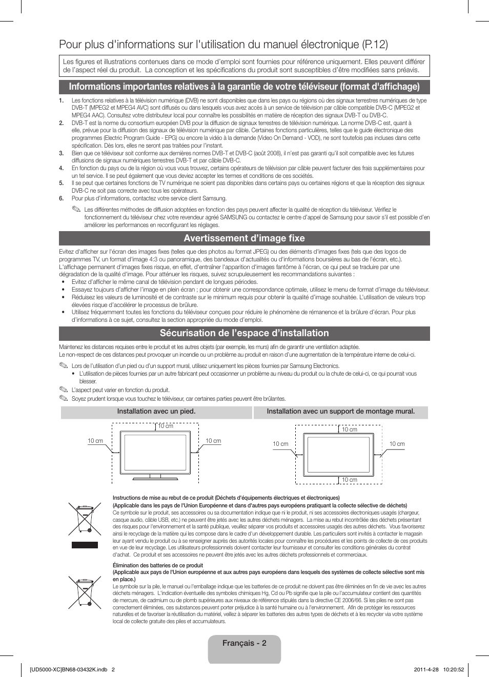 Avertissement d’image fixe, Sécurisation de l’espace d’installation | Samsung UE27D5010NW User Manual | Page 18 / 66