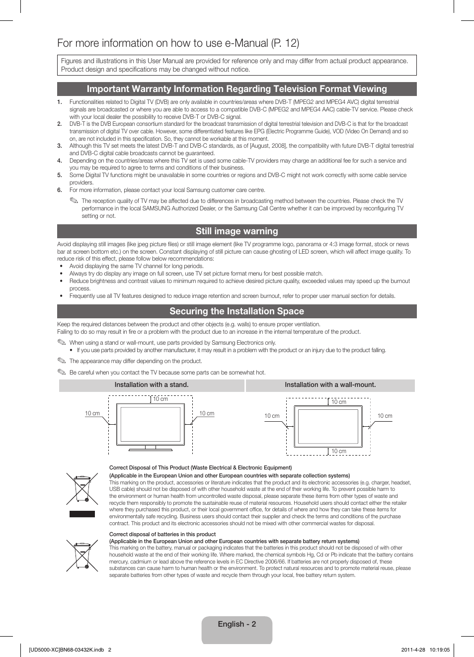 Still image warning, Securing the installation space | Samsung UE27D5010NW User Manual | Page 2 / 66