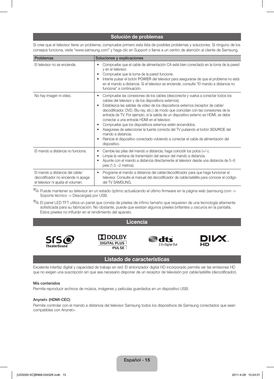 Licencia listado de características | Samsung UE27D5010NW User Manual | Page 47 / 66