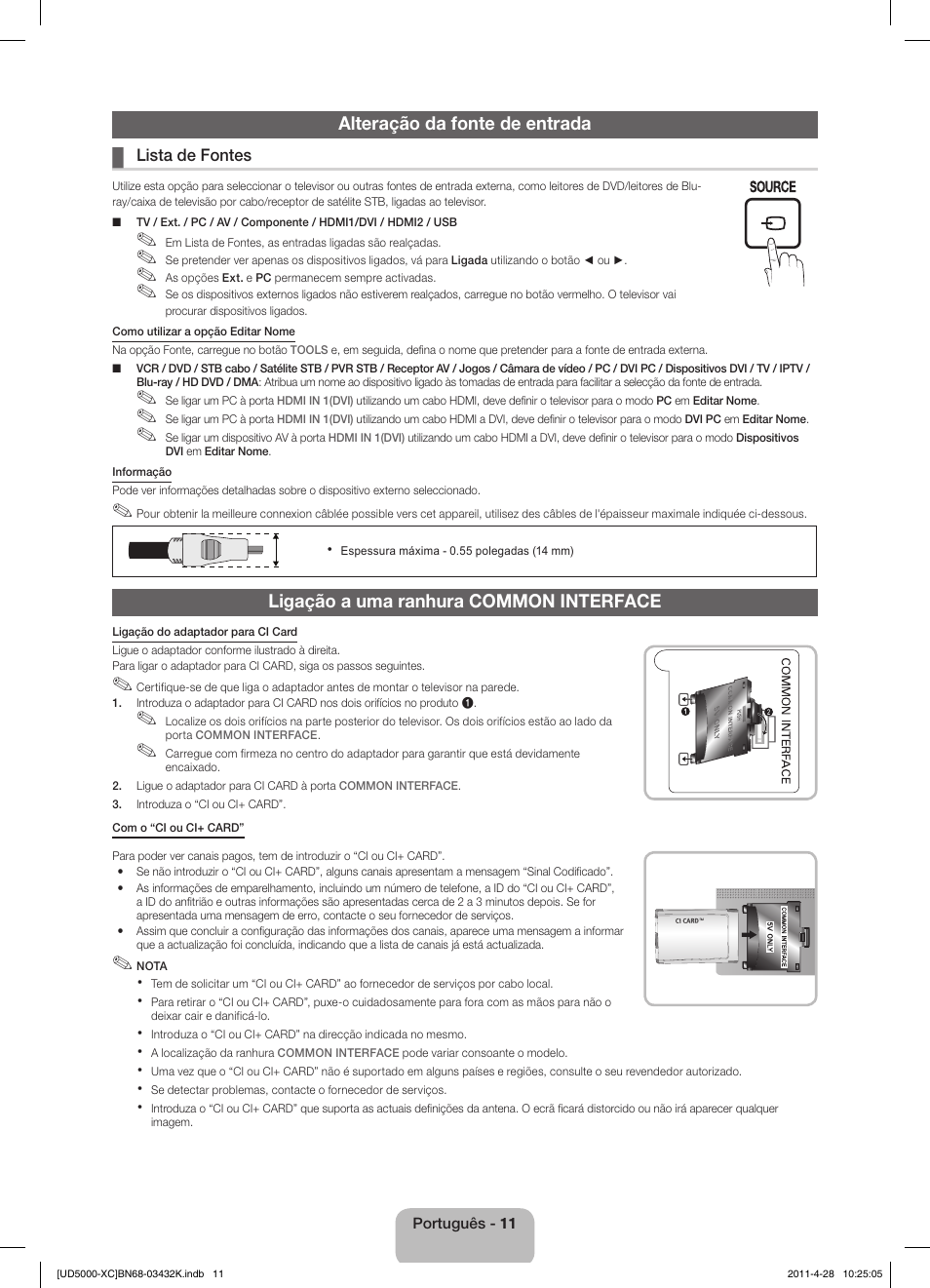 Alteração da fonte de entrada, Ligação a uma ranhura common interface | Samsung UE27D5010NW User Manual | Page 59 / 66