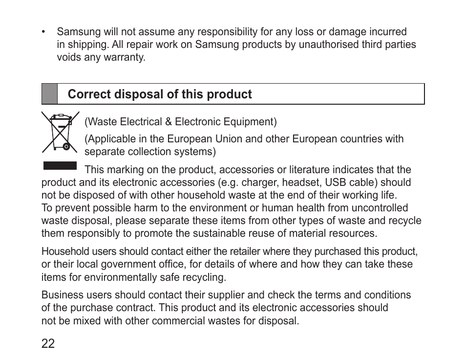 Correct disposal of this product | Samsung BHM1600 User Manual | Page 24 / 80