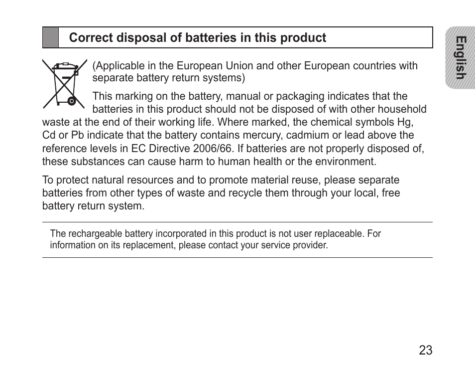 Correct disposal of batteries in this product | Samsung BHM1600 User Manual | Page 25 / 80