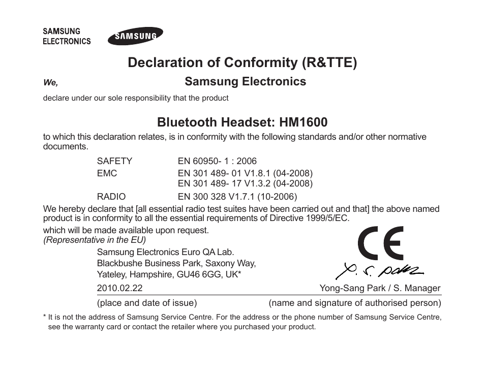 Declaration.of.conformity.(r&tte), Bluetooth.headset:.hm1600, Samsung.electronics | Samsung BHM1600 User Manual | Page 27 / 80