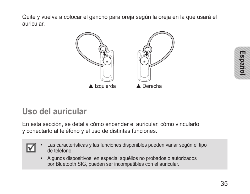 Uso del auricular, Uso.del.auricular | Samsung BHM1600 User Manual | Page 37 / 80