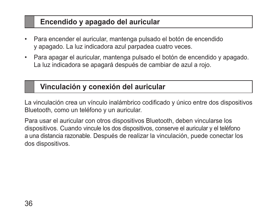 Encendido y apagado del auricular, Vinculación y conexión del auricular | Samsung BHM1600 User Manual | Page 38 / 80