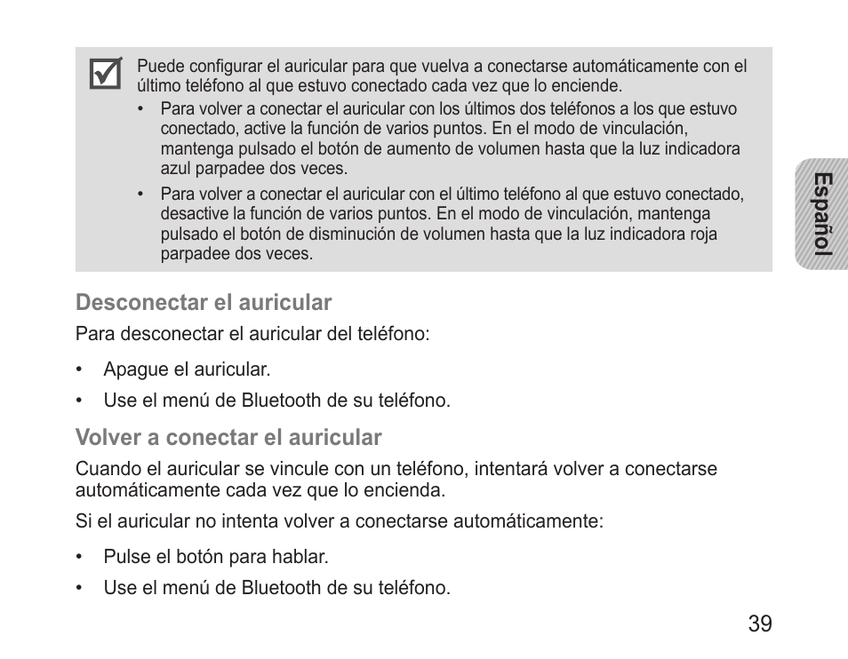 Español 39, Desconectar.el.auricular, Volver.a.conectar.el.auricular | Samsung BHM1600 User Manual | Page 41 / 80