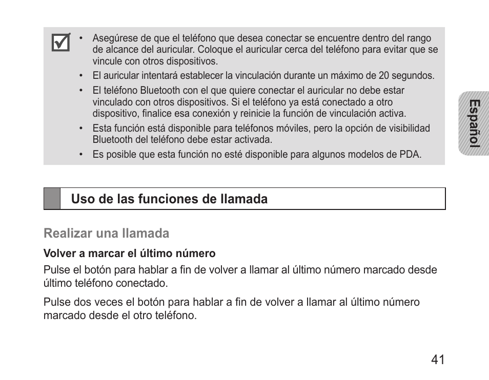 Uso de las funciones de llamada, Español 41 | Samsung BHM1600 User Manual | Page 43 / 80