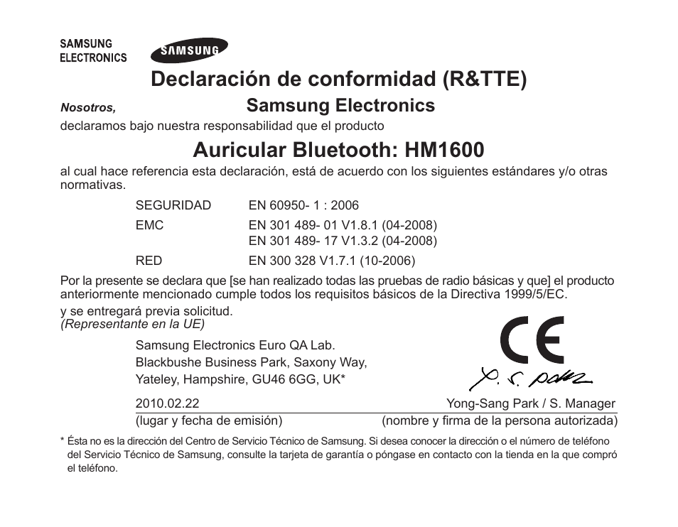 Declaración.de.conformidad.(r&tte), Auricular.bluetooth:.hm1600, Samsung.electronics | Samsung BHM1600 User Manual | Page 53 / 80