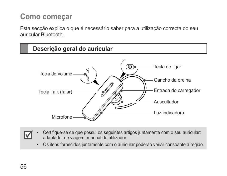 Como começar, Descrição geral do auricular, Descrição.geral.do.auricular | Samsung BHM1600 User Manual | Page 58 / 80