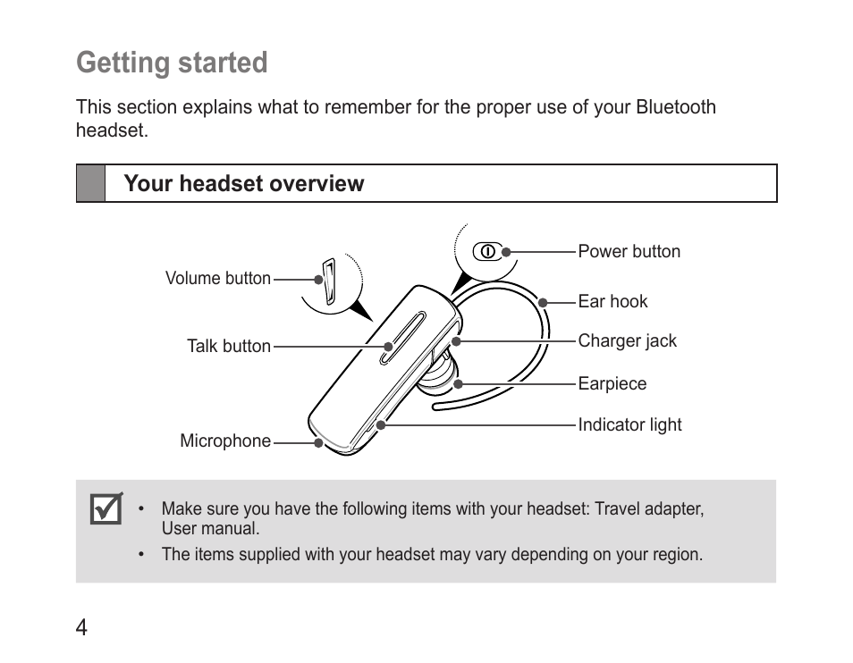 Getting started, Your headset overview, Getting.started | Your.headset.overview | Samsung BHM1600 User Manual | Page 6 / 80